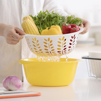 Camellia kitchen vegetable basket plastic fruit basin double layer drain basket leaking fruit and vegetable basket vegetable basin drip sieve 1156 new yellow