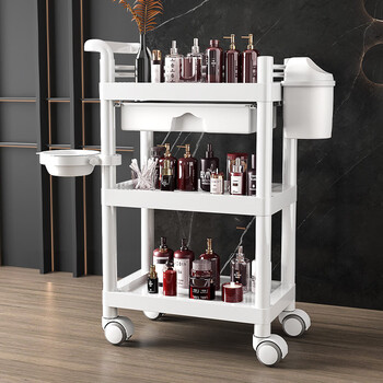 Special trolley for pupan beauty salon, skin management, mobile push rack, plastic surgery, advanced instrument push tool cart, as full plastic white three-layer + trash can + cleansing basin, 10-year warranty, official standard configuration