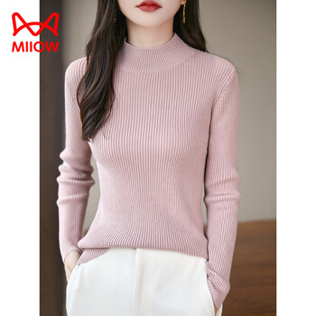 Miiow cotton half turtleneck bottoming shirt for women in autumn and winter. cotton all-match top with strips to make you look slim and wear a knitted sweater. taro powder l