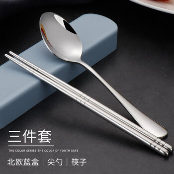 Tuojin travel student chopsticks and spoon set portable tableware three-piece set creative cute single box fork stainless steel jelly blue box + chopsticks + pointed spoon