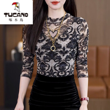 Woodpecker (tucano) 2026 early spring new style printed round neck long-sleeved t-shirt women's slimming bottoming shirt women's age-reducing versatile top crown flower regular xl recommended 110-120 pounds