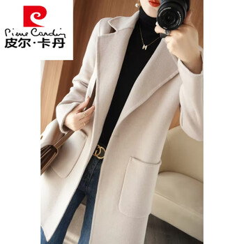 Pierre cardin wool double-sided woolen coat for women one-button solid color autumn and winter petite slim temperament windbreaker versatile coat off-white l (120-132 pounds)