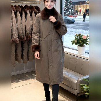 Fabric story luofen women's winter new year's fashion temperament casual bath style imitation mink fur warm trousers down jacket green khaki s