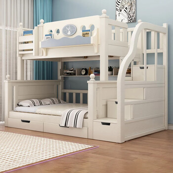 Solid wood double bed and bunk bed, two-story multi-functional bunk bed combination bed, high and low bed, bold and thickened children's bed, ladder, upper bed width 90cm, lower bed width 120cm (comes with bookshelf)