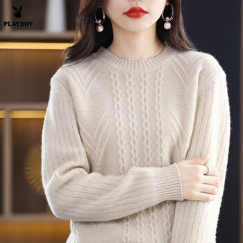 Playboy (playboy) 2026 new autumn and winter sweater women's pullover round neck knitted cable base solid color inner thickened sweater for women official flagship beige m recommended 90-100 pounds