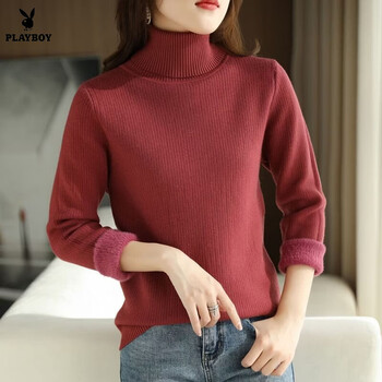 Playboy (playboy) 2026 new autumn and winter velvet thick sweater women's turtleneck wool knitted bottoming shirt slim pullover top official flagship bean paste red xl 120-135 pounds