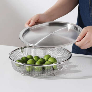 Yusenyi household vegetable washing basket kitchen double-ear fruit strainer basket frying and draining plate wide bottom mesh basket + 1 shallow style + 1 deep style + 1 wide side cover 304 no