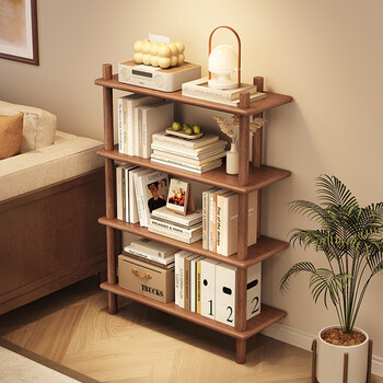 Yong huan solid wood bookshelf floor-standing home living room flower stand office vertical storage shelf simple storage cabinet all solid wood thickened walnut color 2 layers 60cm