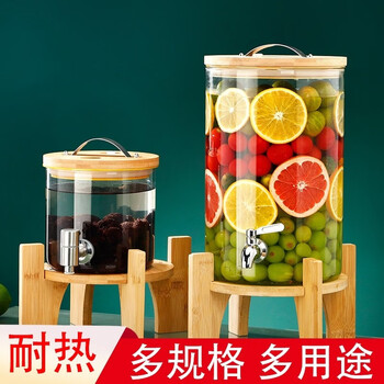 Yusenyi high temperature resistant wine glass bottle with faucet glass tea cold kettle fruit tea barrel coke barrel beverage barrel homemade 5 catties + cylindrical stainless steel faucet + bamboo base 0ml