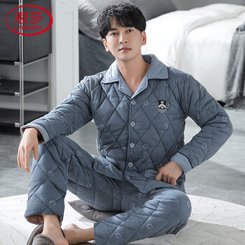 Langsha velvet pajamas men's winter three-layer thickened quilted knitted cotton jacket to keep warm autumn and winter young men's home wear set 1003 l