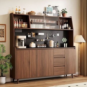 Fantasy nordic solid wood sideboard home living room wine cabinet wall-mounted restaurant multi-functional all-in-one tea cabinet kitchen storage cabinet 160cm long glass door | installation included