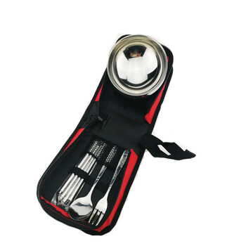 Tuojin outdoor tableware bowl stainless steel folding supplies portable tableware spoon camping picnic bag travel travel tableware set single big red + fork