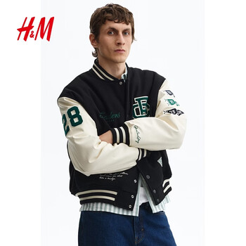 H&m2025 new winter men's pattern decorative baseball jacket 1317984 black/fielders clubhouse s 170/92