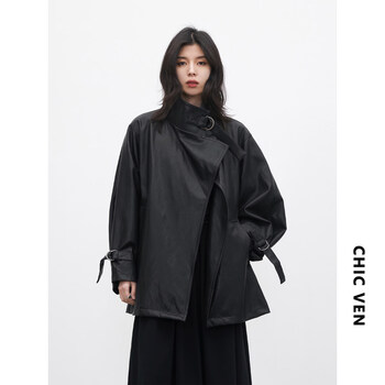 Chic ven 2026 spring new korean style lazy protein leather d-buckle leather jacket mid-length windbreaker jacket women chicven black one size fits all (within 70 kg)