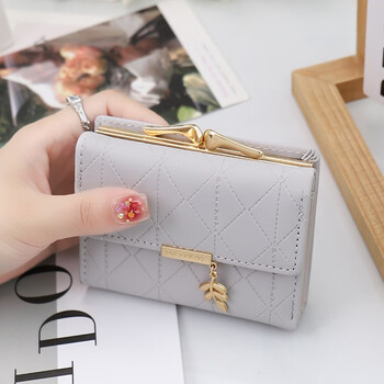 Woodpecker (tucano) wallet women's 2026 new leaf pendant wallet small fresh folding degaussed wallet card holder integrated coin purse light gray