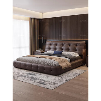 Derucci home italian minimalist first-layer genuine leather large black bear bed with edge-to-edge double bed in master bedroom italian high-end storage bed flagship leather bed + soft silver ion independent bag silent double-sided mattress + 2 cabinets 15cm 1800mm*2000mm x air pressure structure