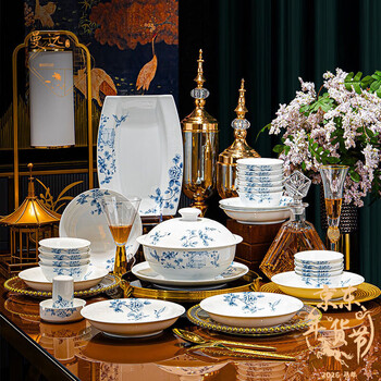 Manyuan jingdezhen underglaze color high temperature and high white clay dishes and tableware set is particularly beautiful wedding housewarming gift tableware, full of spring, configuration for 10 people, 66-piece set