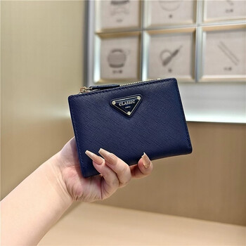 Woodpecker (tucano) korean version simple solid color personalized sexy high quality cross pattern two-fold zipper buckle horizontal short wallet for women dark blue