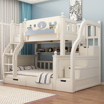 Solid wood double bed and bunk bed, two-story multi-functional bunk bed combination bed, high and low bed, bold and thickened children's bed, ladder, upper bed width 90cm, lower bed width 120cm (comes with bookshelf)
