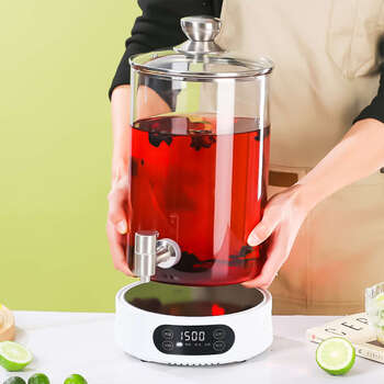 Yusenyi glass cold kettle with faucet, heated beverage bucket, milk tripod, boiling tea bucket, soy milk insulation bucket, health kettle bucket, 4 liters with faucet, heating base, tempered cover, upgraded digital display screen 0ml