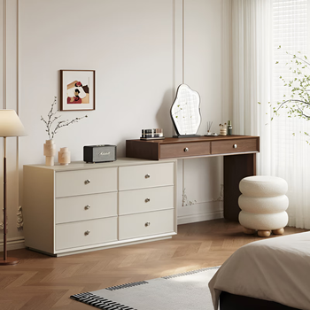 Pupan solid wood dresser and drawer integrated bedside french antique cream style home bedroom corner dressing table 1.2m dresser + 1.2m six-drawer cabinet + stacking stool + cloud mirror warm white + walnut color (environmentally friendly painted multi-layer solid wood board)