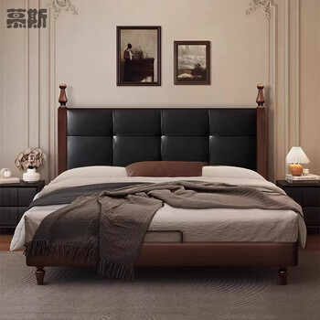 Mousse french retro mid-century style solid wood and leather bed high-end atmospheric american light luxury master bedroom large bed storage double wedding bed 15-minute silent rib frame leather solid wood bed 1500mm*2000mm