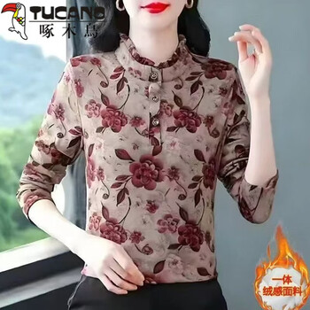 Woodpecker (tucano) women's bottoming shirt with velvet and thickening, new patterned mother's 2026 fungus collar outer wear slimming long-sleeved t-shirt top small red rose--fungus collar plus velvet and thickening 2xl recommended 105--120 pounds