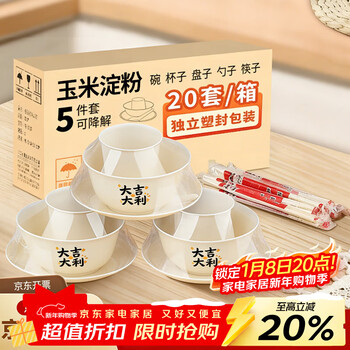 Youao disposable tableware set for 20 people, 5-piece set, bowls, chopsticks, spoons, cups and plates, no-wash new year red party food grade