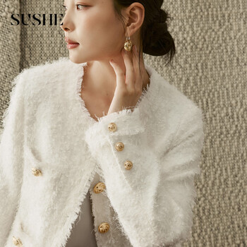 Sushe zhenrou french style fragrance imitation plush texture soft waxy retro gold buckle temperament short coat for women velvet white l