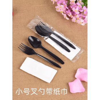 He jiagong disposable fork and spoon western food packaging set plastic with paper towels independently thickened packaging salad glue fork tableware small fork + spoon with paper towel set (200 sets)