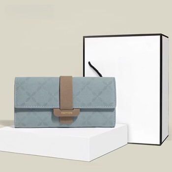 Woodpecker (tucano) japanese and korean simple short wallet for women 2026 new cute multi-card slot folding wallet long coin purse long blue + counter gift box