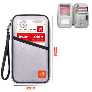 Fireproof passport bag, document wallet, anti-theft brush, portable credit card bag, ticket holder, travel storage bag, portable handheld silver waterproof and fireproof 22*12
