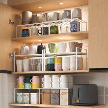Pupan cup storage rack cup rack tea cup water glass corner utensil display rack telescopic layered cup rack cabinet lower hanging basket extended style + white