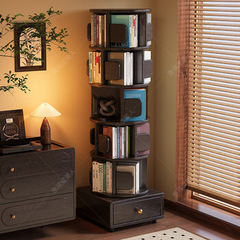 Huixun solid wood rotating bookshelf 360-degree removable storage picture book shelf floor-standing storage rack for home living room children's bookcase fas grade rubber wood without veneer antique black #can be rotated 360 degrees + with drawer 1 layer 42cm*42cm*58cm