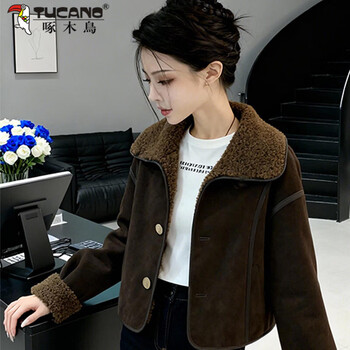 Woodpecker dark coffee color lapel lamb fur all-in-one coat 2026 new style small and giant good-looking unique women's clothing coffee color xl recommended 115-125 pounds