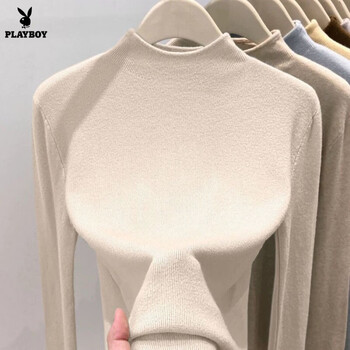 Playboy (playboy) new style bottoming shirt for women, slim fit, mid-collar sweater, long-sleeved top with autumn and winter style half turtleneck sweater, official flagship apricot color l 100-120 pounds