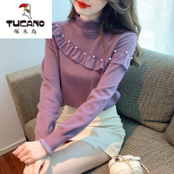 Woodpecker (tucano) autumn and winter 2026 new half-turtle collar knitted bottoming shirt women's design niche western style beaded ruffle top purple s
