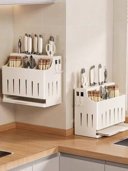 Fantasy knife rack storage rack 2025 new kitchen knife storage box wall-mounted kitchen stainless steel chopstick cage chopstick barrel integrated stainless steel gray - wall-mounted knife and chopstick rack + free 4 hooks large capacity