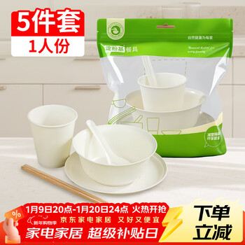 Youao disposable tableware set 5-piece set for 1 person bowls, chopsticks, cups, spoons and plates biodegradable tableware new year's no-wash dinner party