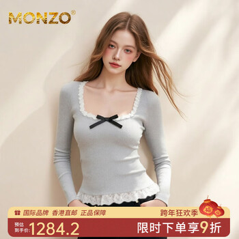 Monzo international high-end brand original design sweet style bow lace splicing long-sleeved shirt for women slim slimming gray s
