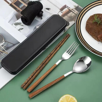 Tuojin imported high-quality stainless steel spoons, forks and wooden chopsticks set from japan, portable tableware for students, office workers, spoons, chopsticks and forks, square handle wood grain, spoon + fork + wooden chopsticks + black storage box