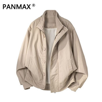 Panmax trendy new solid color stand-up collar loose casual jacket, fashionable and versatile men's casual jacket, apricot gray l, recommended 110-130 catties