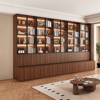 Fantasy bookcase integrated deck living room full wall sofa cabinet door wall to top storage cabinet display cabinet walnut color 3.0m long x 2.4m high 8-door deck bookcase solid wood