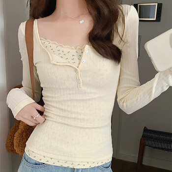 Yunshun fake two-piece lace bottoming shirt, spring and autumn long-sleeved t-shirt for women, shoulder button inner short top, pure desire floral fake two-piece bottoming shirt, apricot l, recommended 105-115 pounds