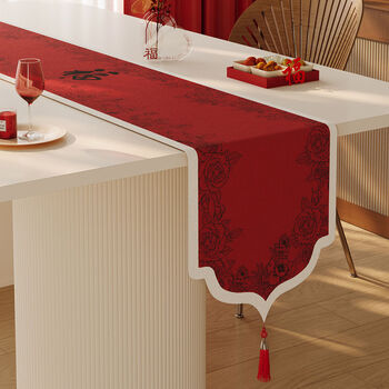 Fantasy new year's blessing table flag, new year's red festive arrangement, long table cloth, new year's tea table, tea mat, tea flag cloth, ankanfu + flower rhombus, red tassel, linen cloth 30x300cm (applicable to tabletop length 240+260cm