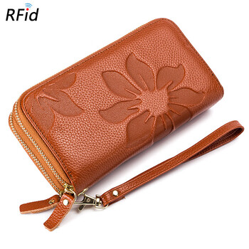 Ladies double zipper wallet rfid large capacity long first layer cowhide new mobile phone bag clutch bag wholesale kapok-khaki