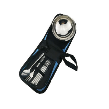 Tuojin outdoor tableware bowl stainless steel folding supplies portable tableware spoon camping picnic bag travel travel tableware set single sky blue + fork