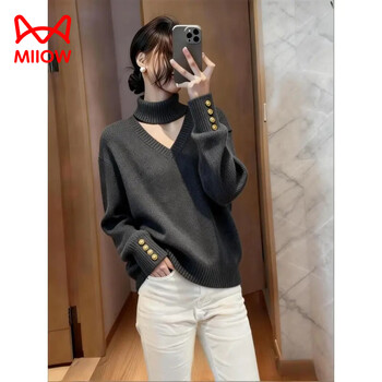 Miiow light luxurious high collar hollow sweater women's autumn and winter new style great-looking lazy loose slim versatile knitted sweater top gray one size recommended 80-120 jin