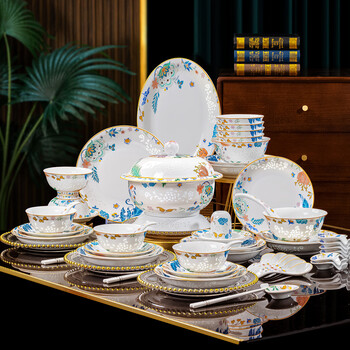 Jinqiutang jingdezhen ceramics 58-piece high white clay tableware and dishes set linglong porcelain thick wedding moving gift 6-10 people | linglong porcelain | high white clay 58-piece set