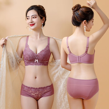 Blue aegean sea wire-free small breasts show big four-breasted push-up bra women's upper breast holding bra anti-sagging bra set purple set 75a/34a